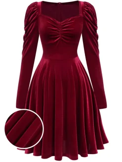 Best Retro Stage 1940s Solid Velvet Puff Dress Wine Red