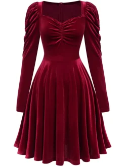 Best Retro Stage 1940s Solid Velvet Puff Dress Wine Red