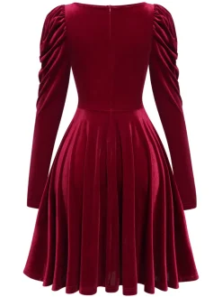 Best Retro Stage 1940s Solid Velvet Puff Dress Wine Red