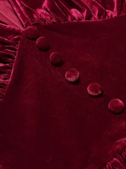 Discount Retro Stage 1940s Solid V-Neck Velvet Party Dress Wine Red