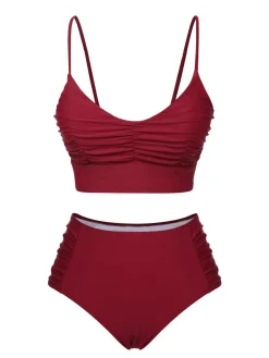 Discount Retro Stage 1930s Solid Wrinkle Swimsuit Wine Red
