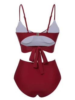 Discount Retro Stage 1930s Solid Wrinkle Swimsuit Wine Red