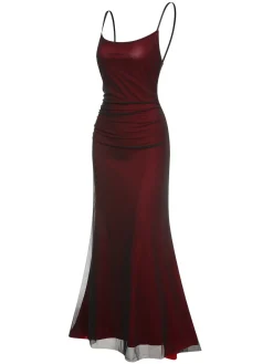 Fashion Retro Stage 1930s Spaghetti Straps Double Layer Mesh Dress Wine Red