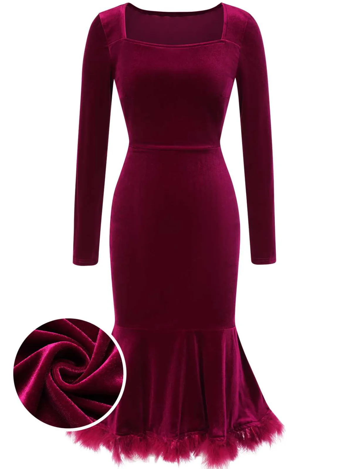 New Retro Stage 1930s Squared Neck Velvet Mermaid Dress Wine Red