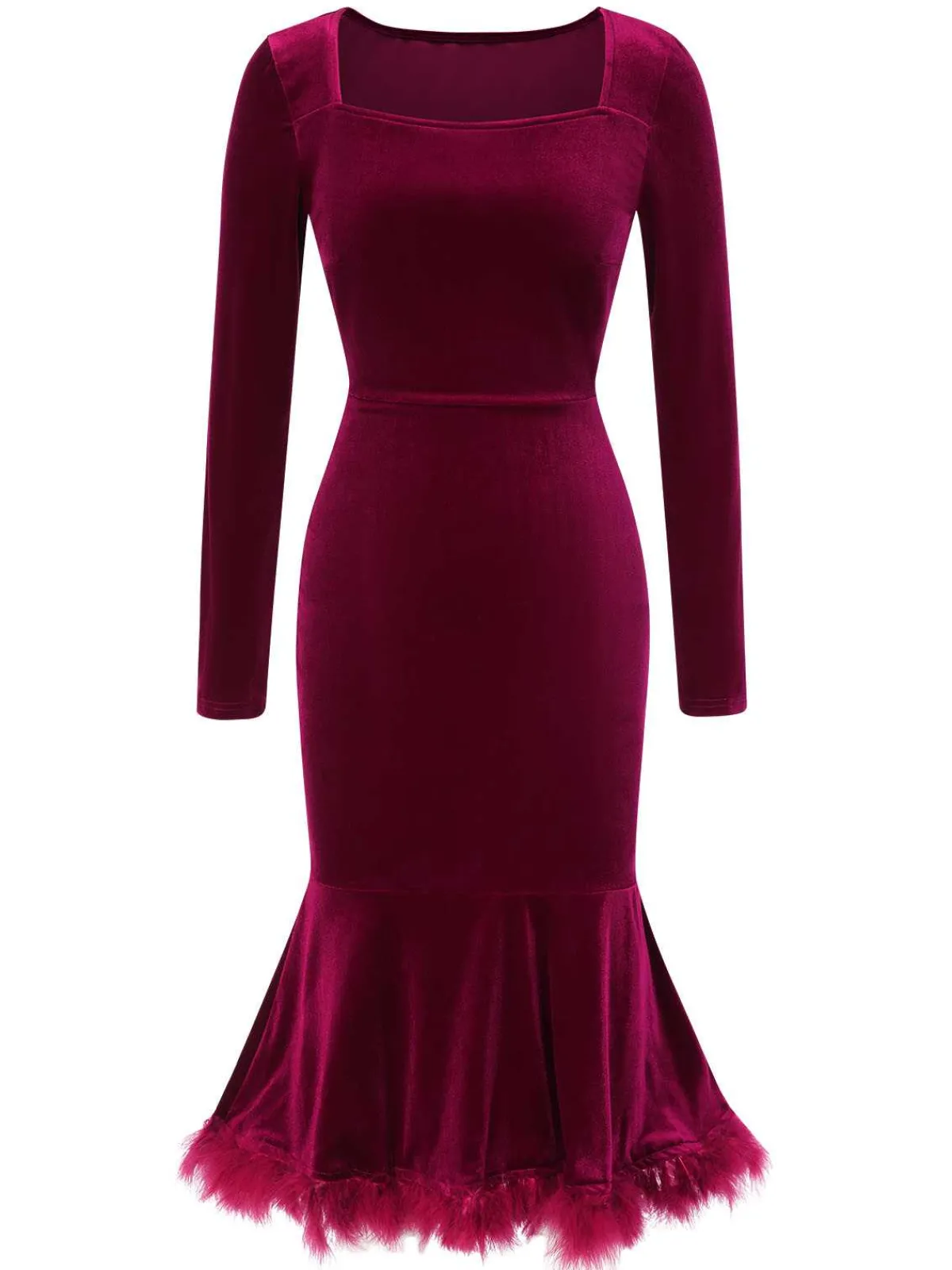 New Retro Stage 1930s Squared Neck Velvet Mermaid Dress Wine Red