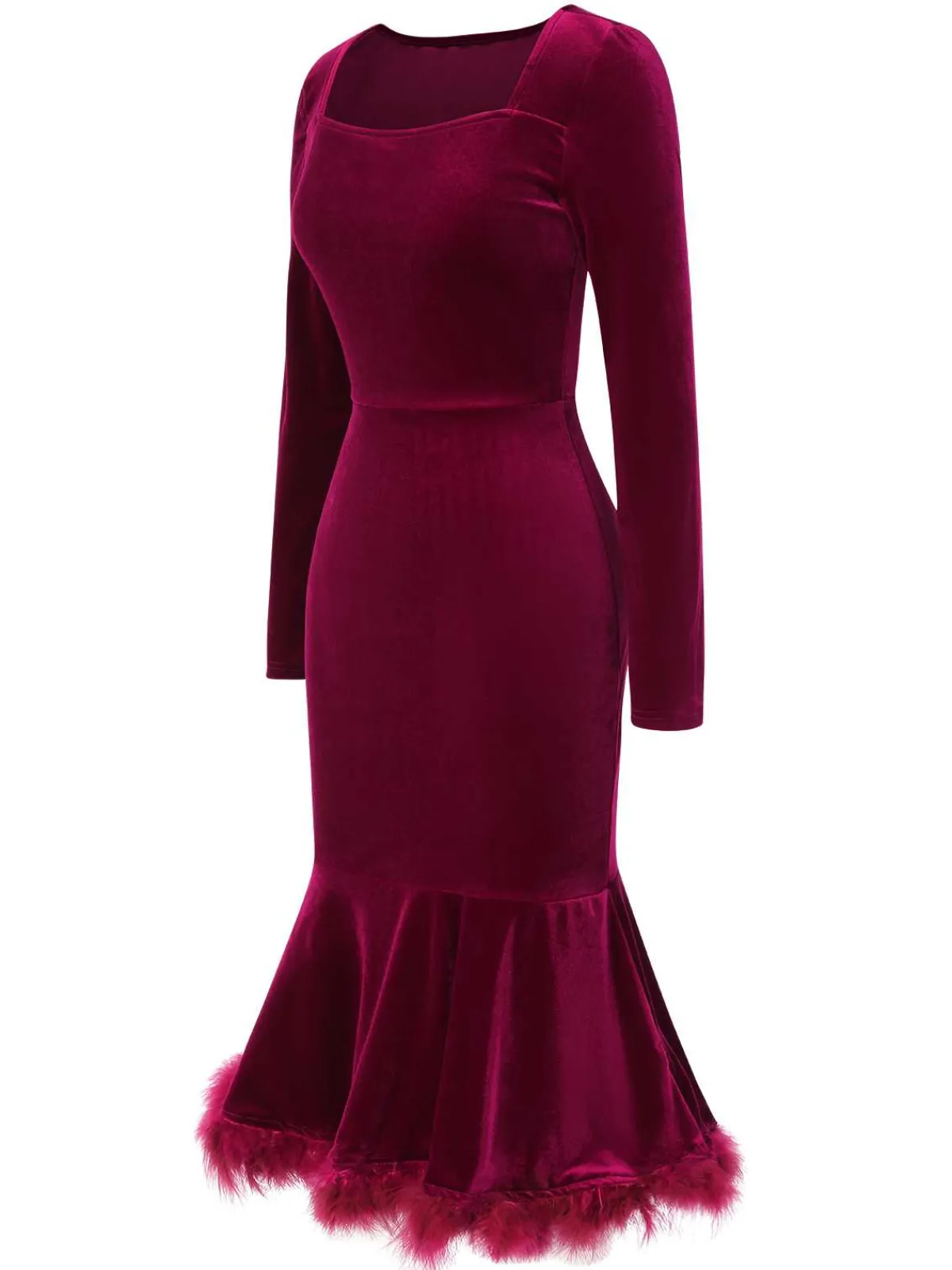 New Retro Stage 1930s Squared Neck Velvet Mermaid Dress Wine Red