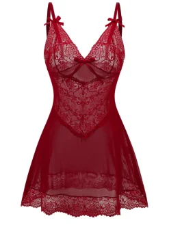 Best Retro Stage 1950s Strap Lace Bow Nightgown Wine Red