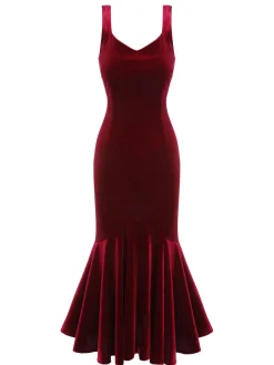 Sale Retro Stage 1930s Strap Velvet Mermaid Dress Wine Red