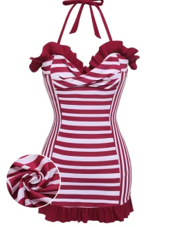 New Retro Stage 1950s Stripe Heart Collar Swimsuit Wine Red