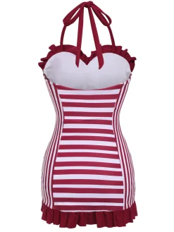 New Retro Stage 1950s Stripe Heart Collar Swimsuit Wine Red