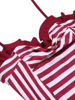 New Retro Stage 1950s Stripe Heart Collar Swimsuit Wine Red