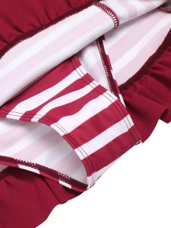 New Retro Stage 1950s Stripe Heart Collar Swimsuit Wine Red