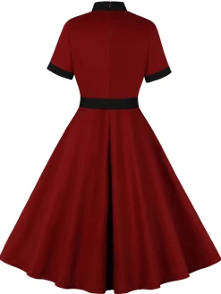 Outlet Retro Stage 1950s Tie Neck Contrast Patchwork Dress Wine Red