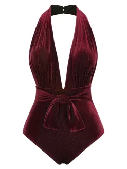 Outlet Retro Stage Wine Red 1970s Velvet Deep V-Neck Swimsuit