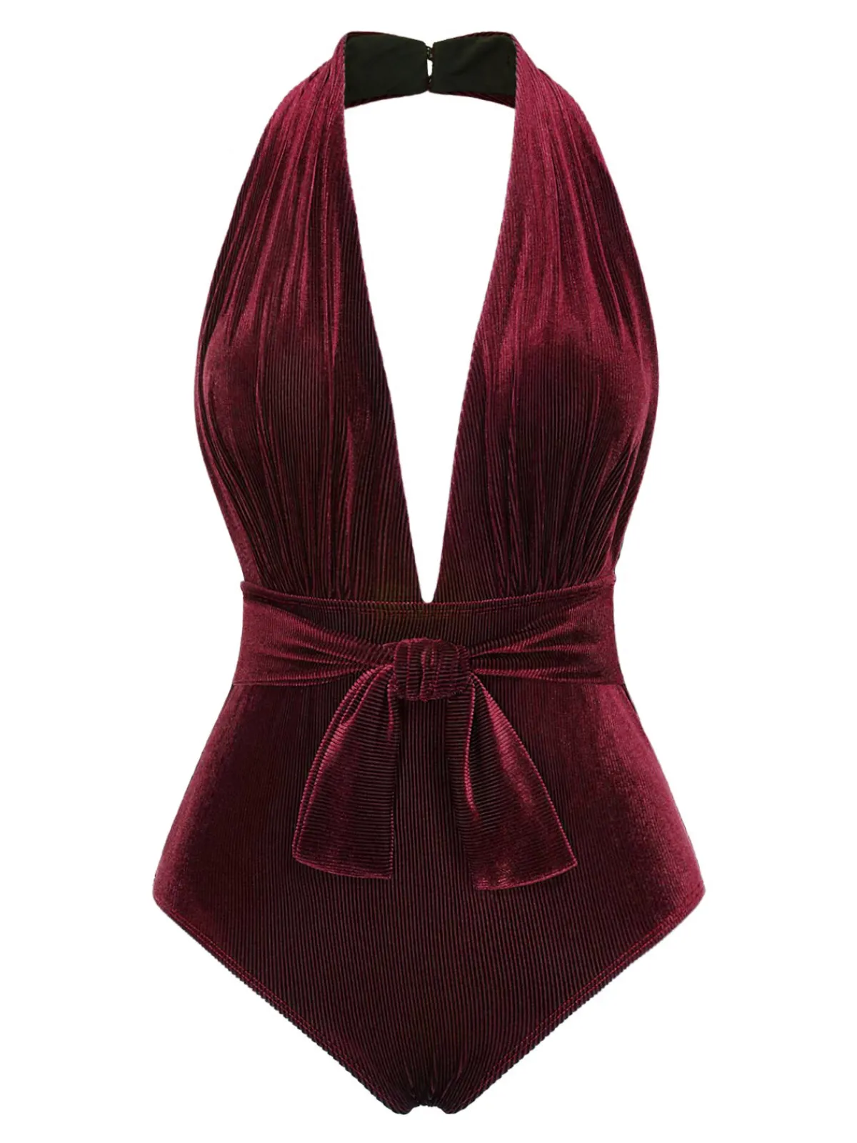 Outlet Retro Stage Wine Red 1970s Velvet Deep V-Neck Swimsuit