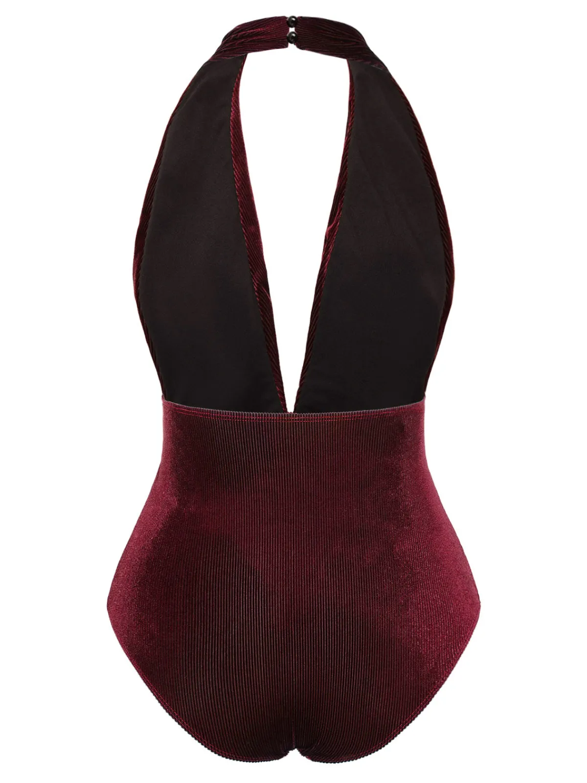 Outlet Retro Stage Wine Red 1970s Velvet Deep V-Neck Swimsuit