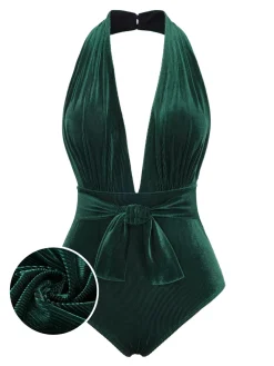 Outlet Retro Stage Wine Red 1970s Velvet Deep V-Neck Swimsuit