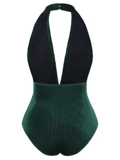 Outlet Retro Stage Wine Red 1970s Velvet Deep V-Neck Swimsuit