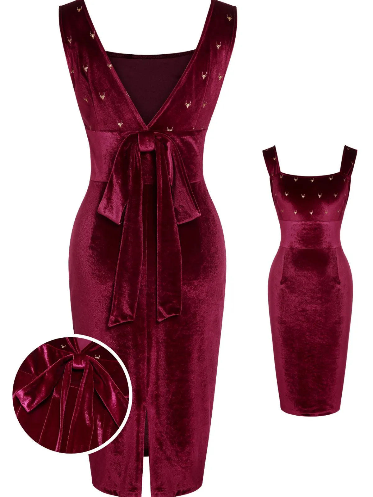 Online Retro Stage 1960s Velvet Elk Bow Dress Wine Red