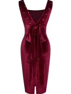 Online Retro Stage 1960s Velvet Elk Bow Dress Wine Red