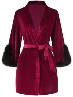 Hot Retro Stage Wine Red 1960s Velvet Fur Lace-Up Sleepwear