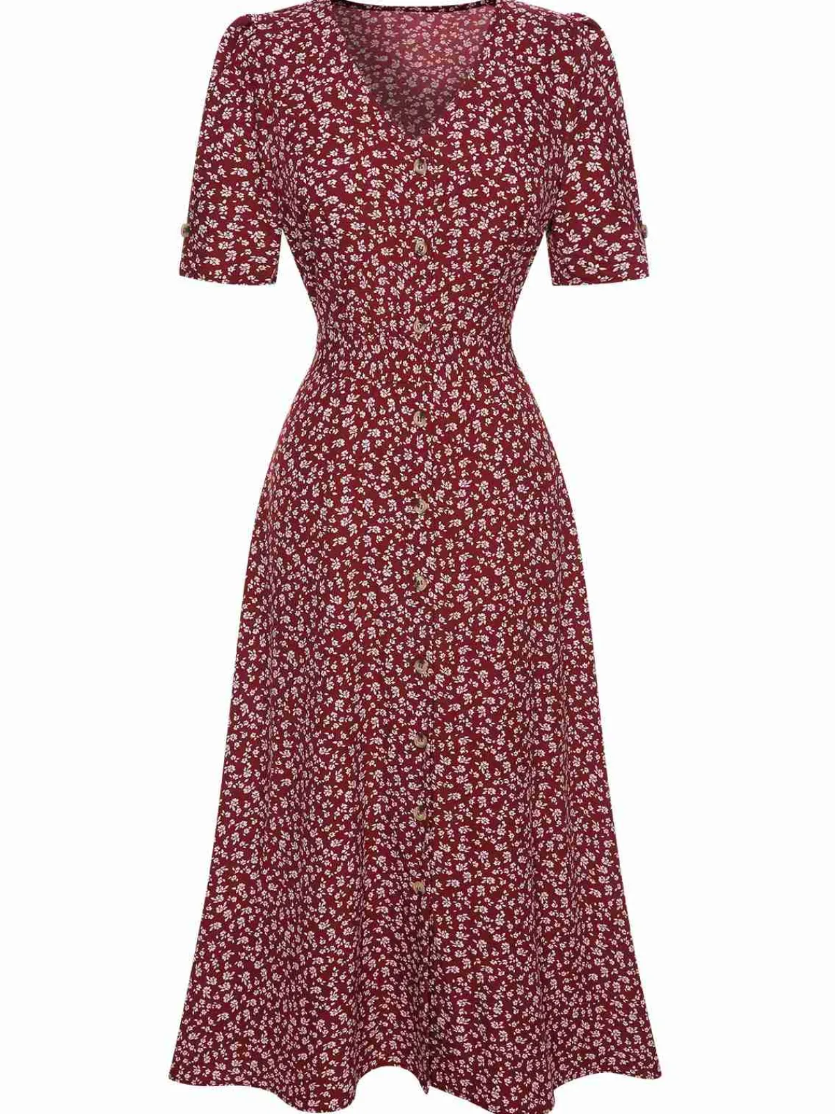 Online Retro Stage 1940s V-Neck Ditsy Floral Dress Wine Red
