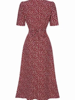 Online Retro Stage 1940s V-Neck Ditsy Floral Dress Wine Red