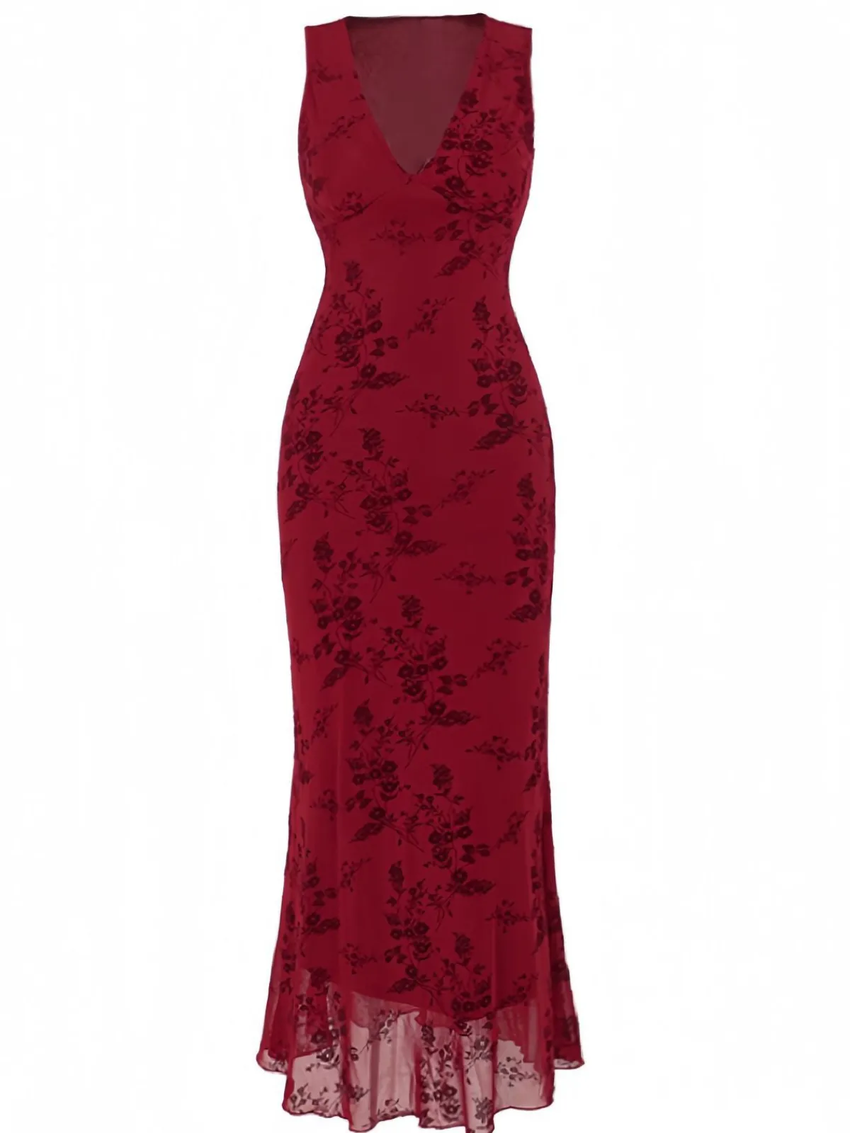 Clearance Retro Stage 1930s V-Neck Floral Mesh Dress Wine Red