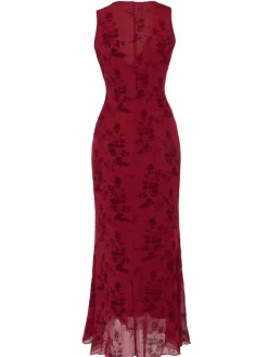 Clearance Retro Stage 1930s V-Neck Floral Mesh Dress Wine Red
