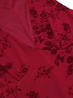 Clearance Retro Stage 1930s V-Neck Floral Mesh Dress Wine Red