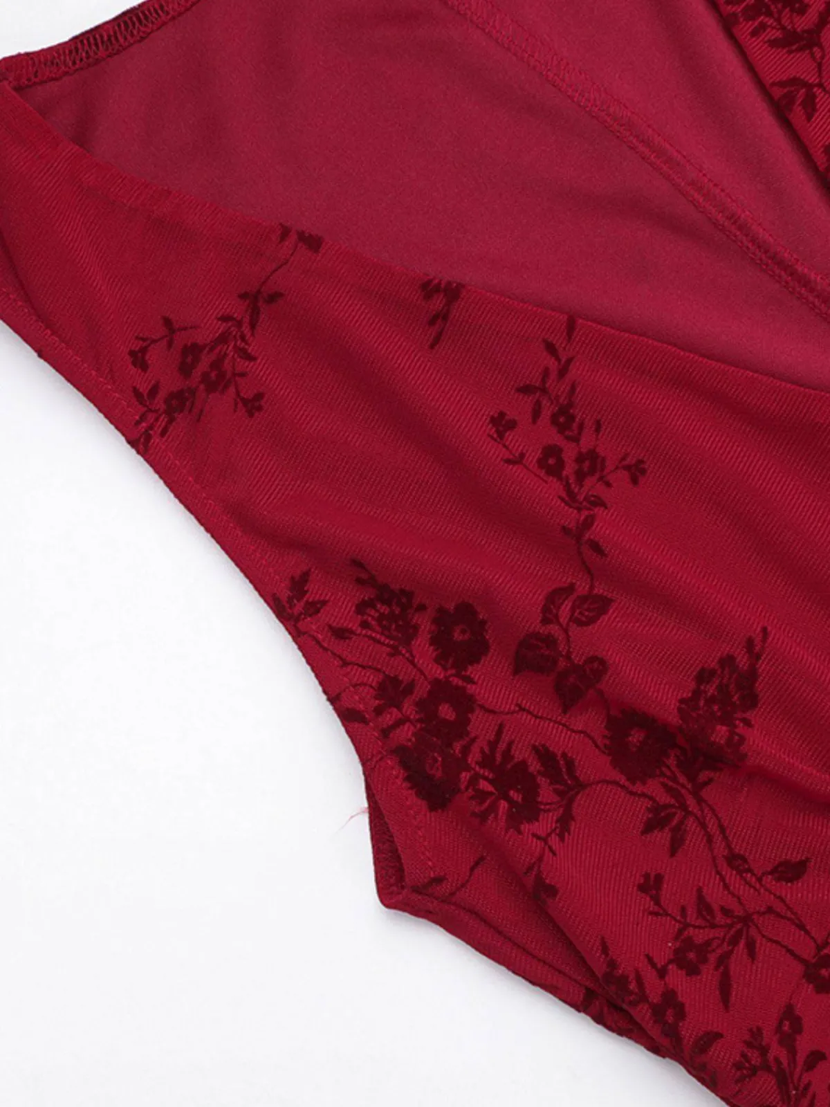 Clearance Retro Stage 1930s V-Neck Floral Mesh Dress Wine Red