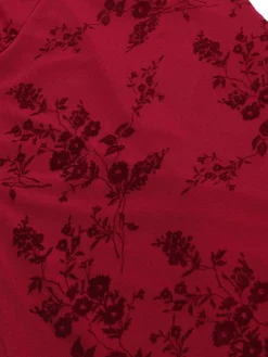 Clearance Retro Stage 1930s V-Neck Floral Mesh Dress Wine Red