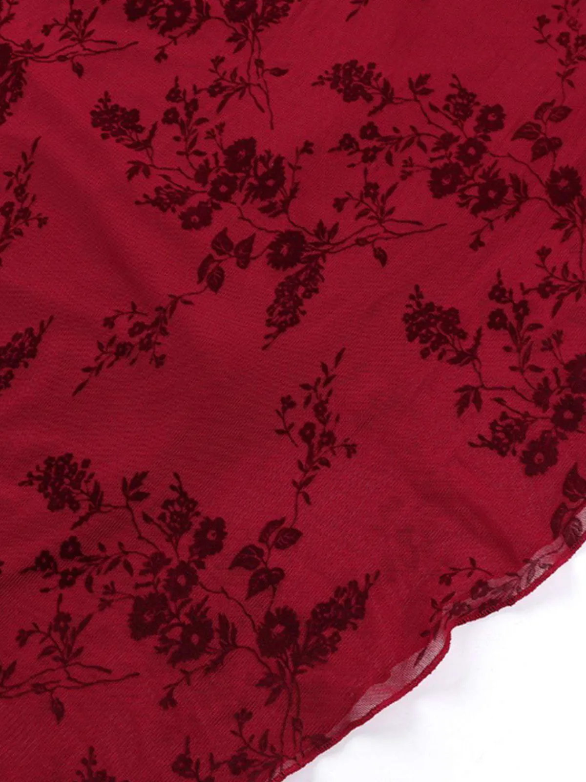 Clearance Retro Stage 1930s V-Neck Floral Mesh Dress Wine Red