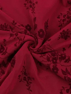Clearance Retro Stage 1930s V-Neck Floral Mesh Dress Wine Red