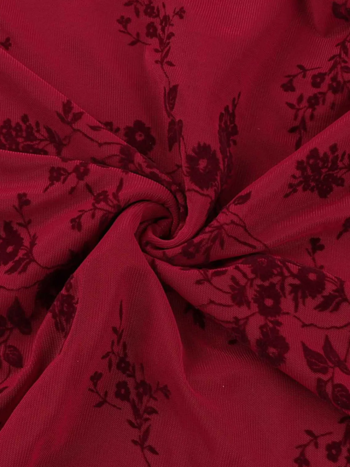 Clearance Retro Stage 1930s V-Neck Floral Mesh Dress Wine Red