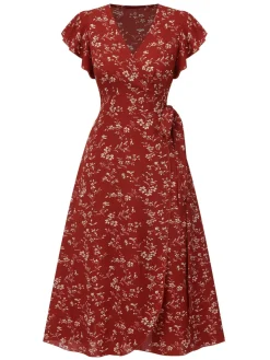 Online Retro Stage 1940s V-Neck Floral Slit Dress Wine Red