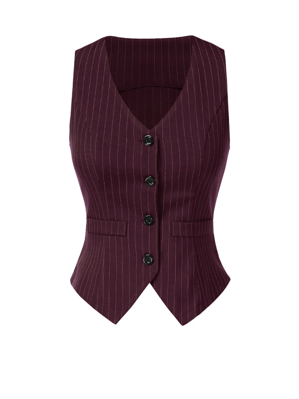 Fashion Retro Stage Wine Red 1960s V-Neck Pinstripes Sleeveless Top