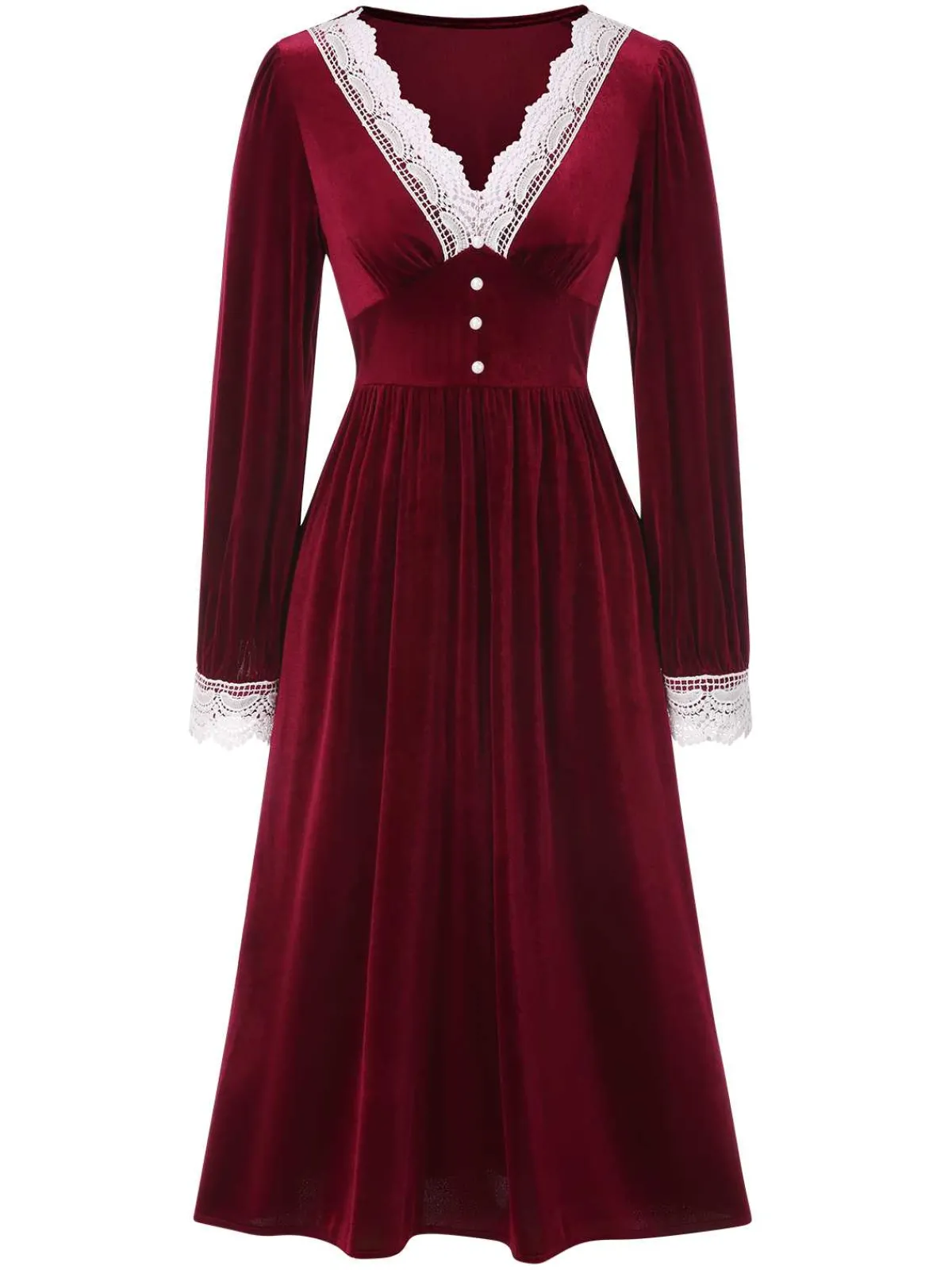 New Retro Stage 1940s V-Neck Velvet Lace Dress Wine Red