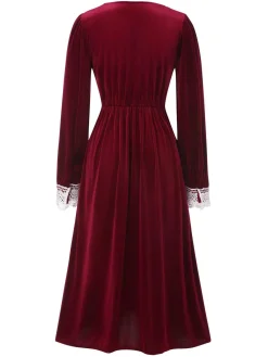 New Retro Stage 1940s V-Neck Velvet Lace Dress Wine Red