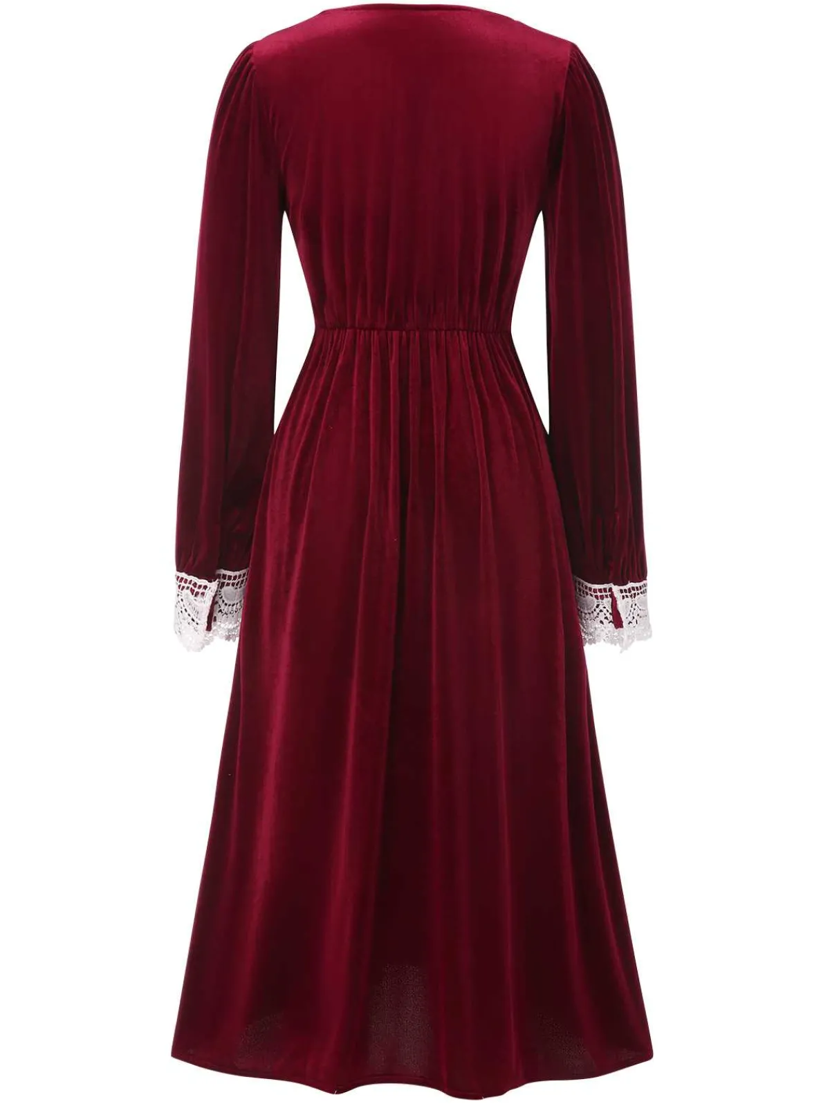 New Retro Stage 1940s V-Neck Velvet Lace Dress Wine Red