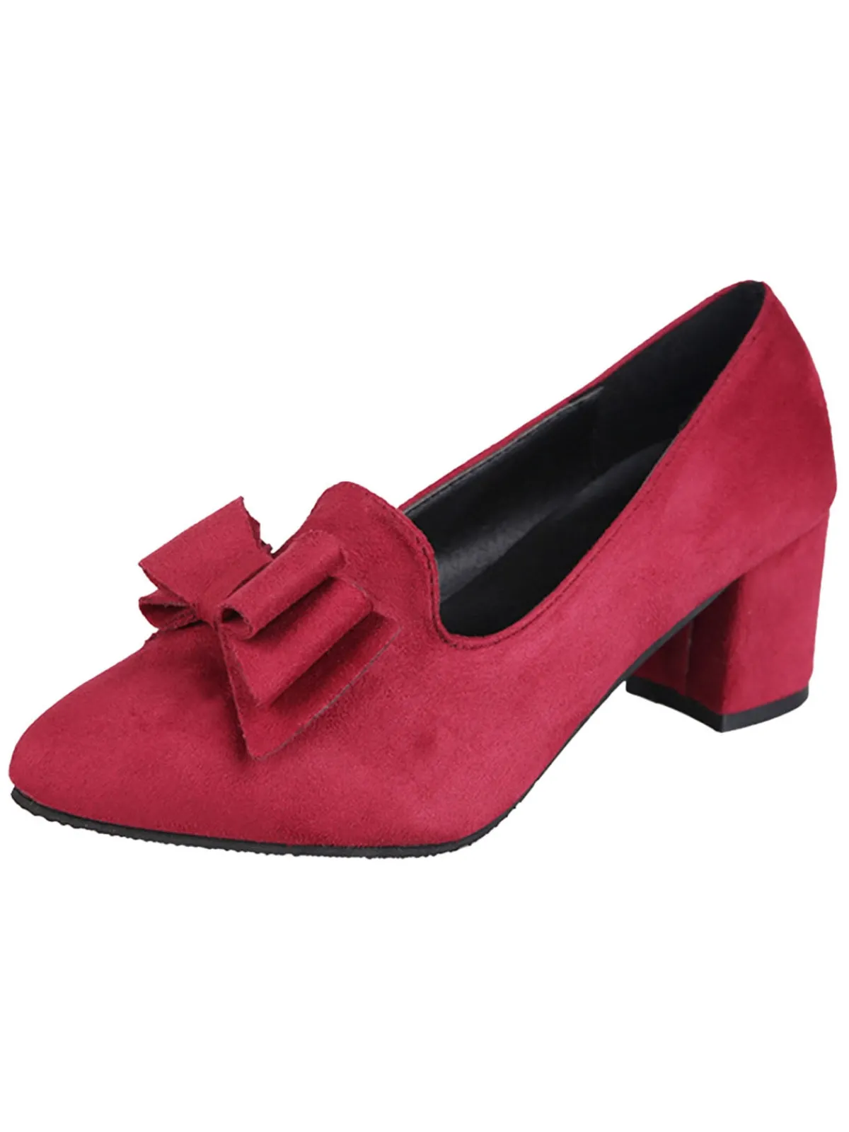 Sale Retro Stage Solid Bowknot Flannelette Heels Wine Red
