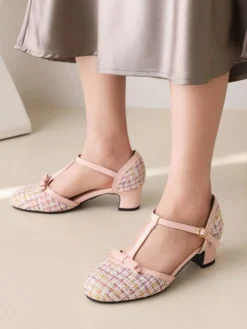 Online Retro Stage Woolen Buckle Heels Mary Jane Shoes