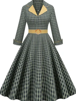 Outlet Retro Stage 1950s Plaid Lapel Belt Swing Dress Yellow & Black