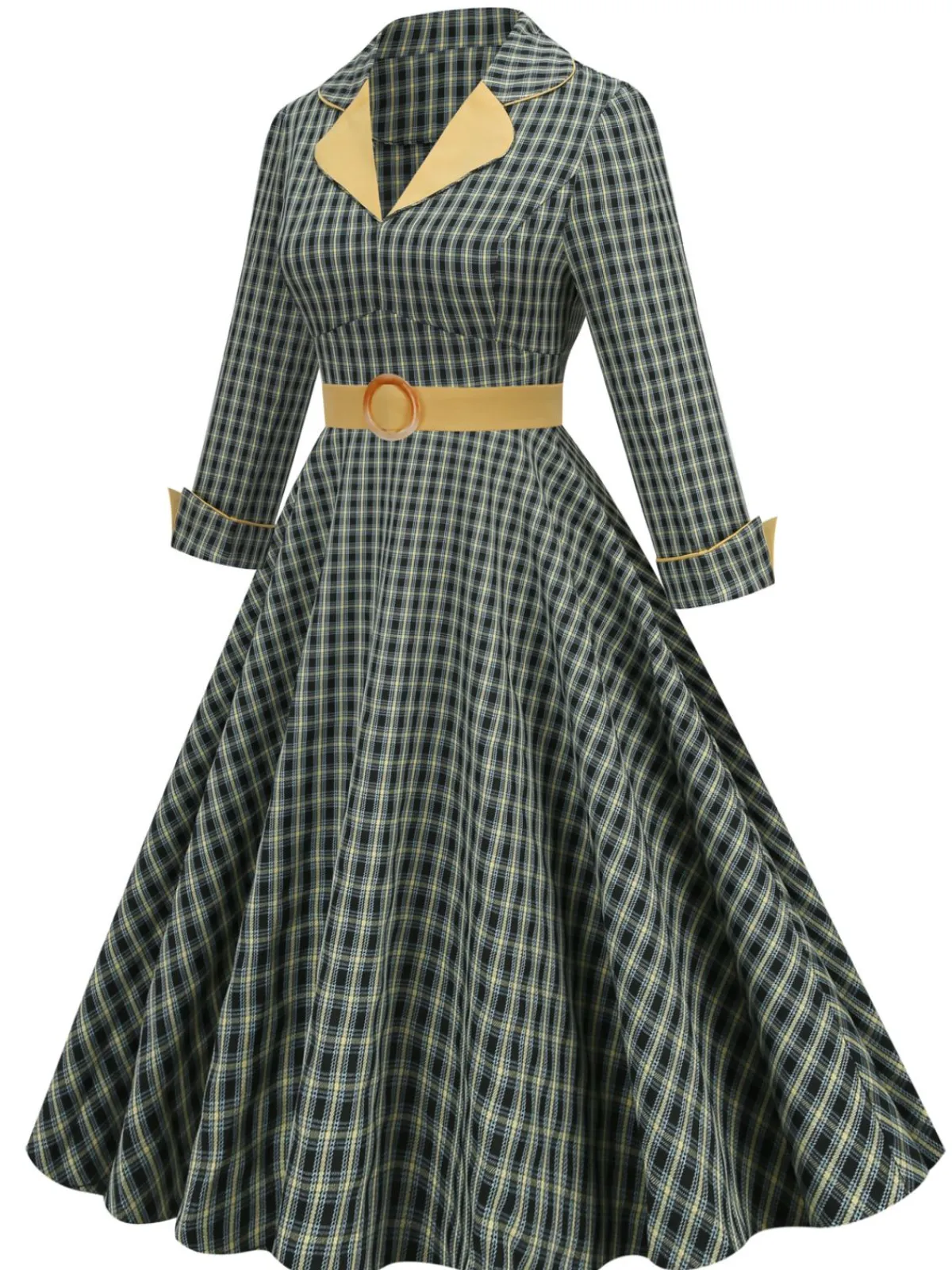 Outlet Retro Stage 1950s Plaid Lapel Belt Swing Dress Yellow & Black