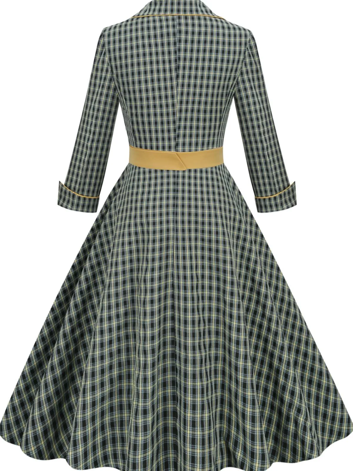 Outlet Retro Stage 1950s Plaid Lapel Belt Swing Dress Yellow & Black