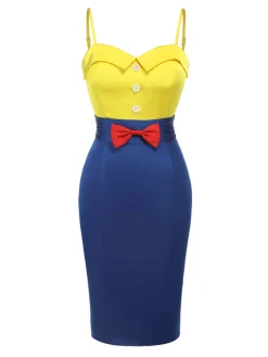 Hot Retro Stage 1960s Bow Strap Pencil Dress Yellow & Blue
