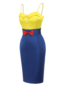 Hot Retro Stage 1960s Bow Strap Pencil Dress Yellow & Blue