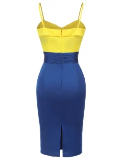 Hot Retro Stage 1960s Bow Strap Pencil Dress Yellow & Blue