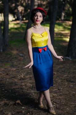 Discount Retro Stage 1960s Bow Strap Pencil Dress Yellow & Blue