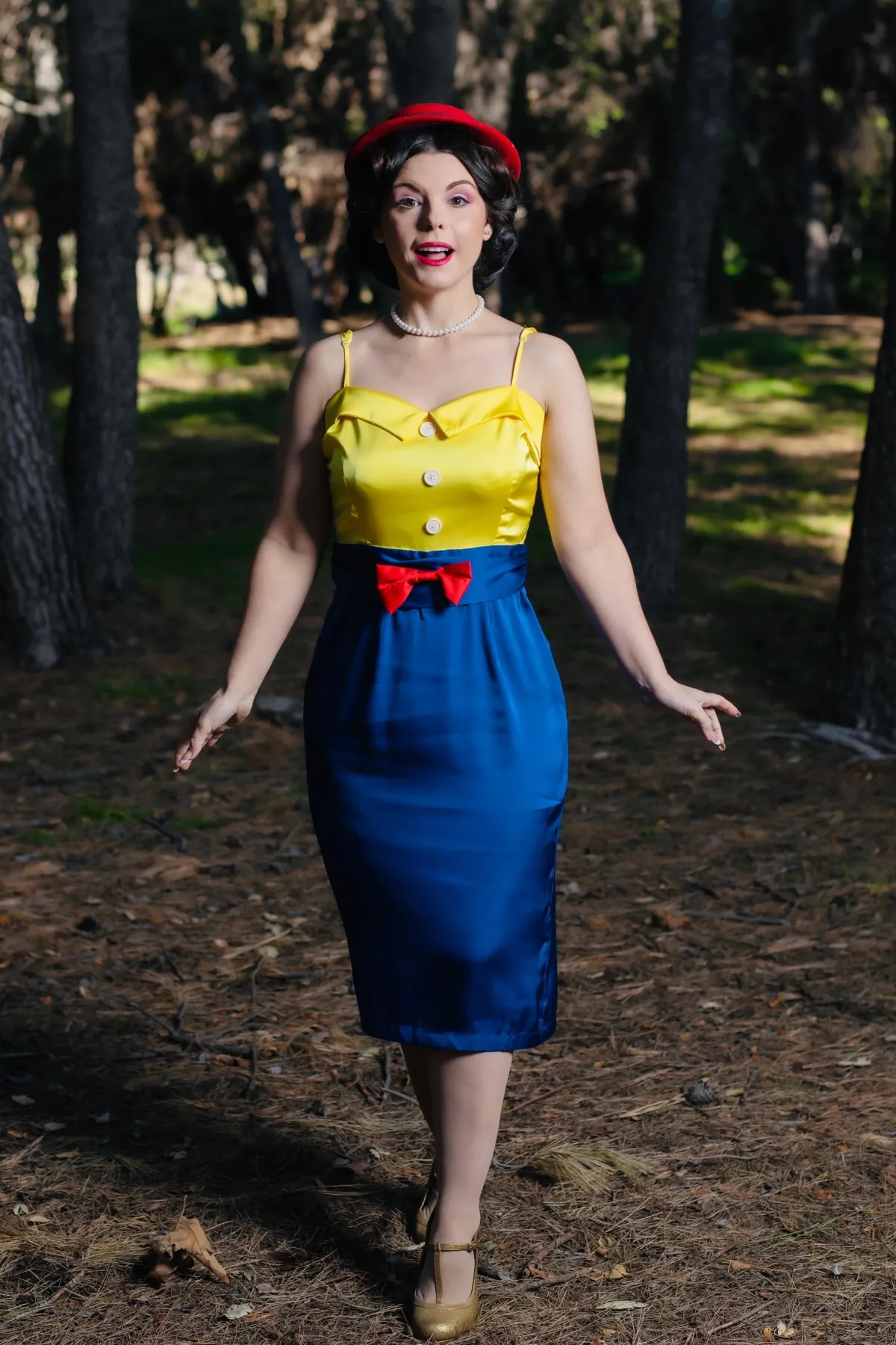 Discount Retro Stage 1960s Bow Strap Pencil Dress Yellow & Blue
